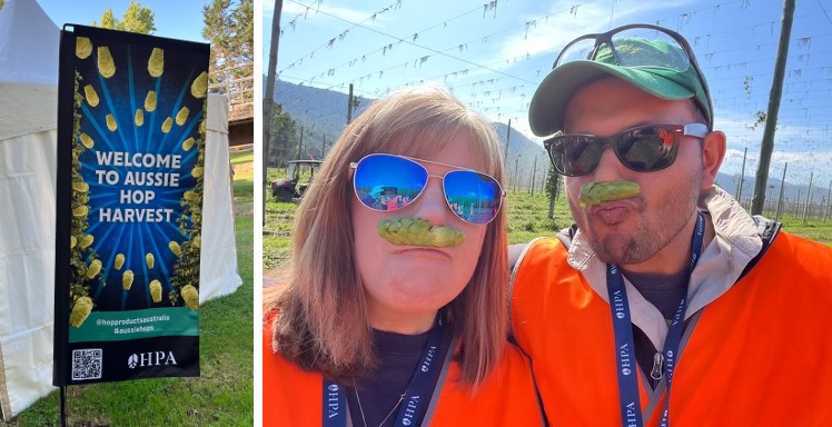 Australian Hop Welcome Sign and Amaey and Barbara with Hop Mustaches